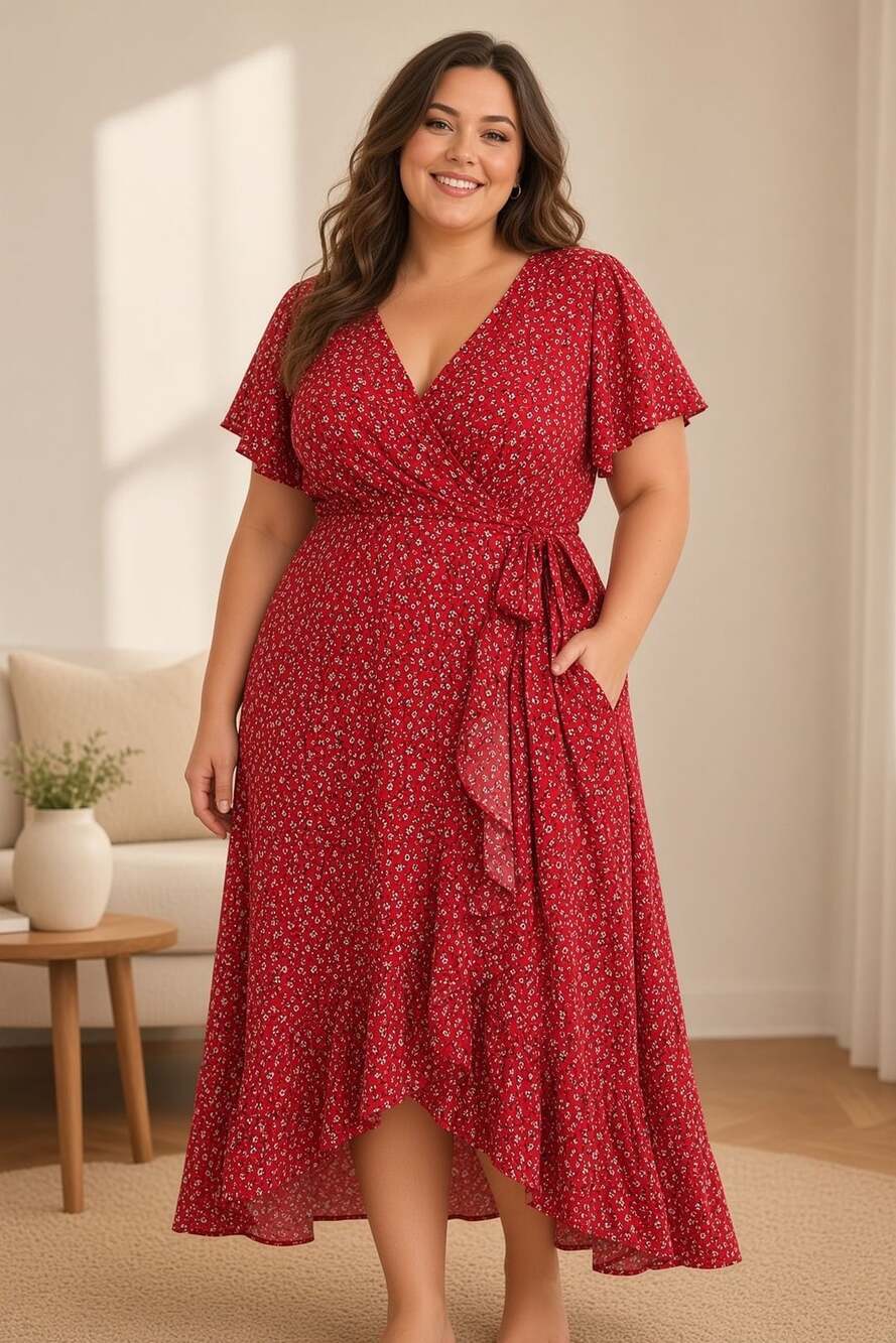 Bloomchic Plus Size 22-24 3X Floral Ties Ruffles Red Dress with Pockets